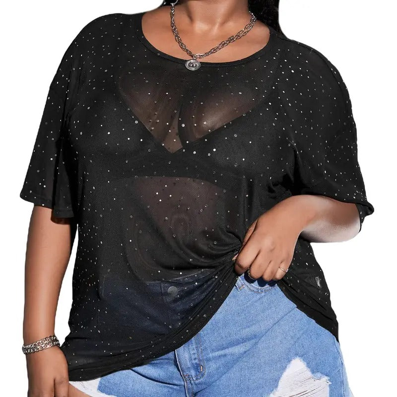 Plus Size Glitter Sheer Mesh Short Sleeve Tee Shirt Top Hoodie Sweatshirt | PrintMintTees.com