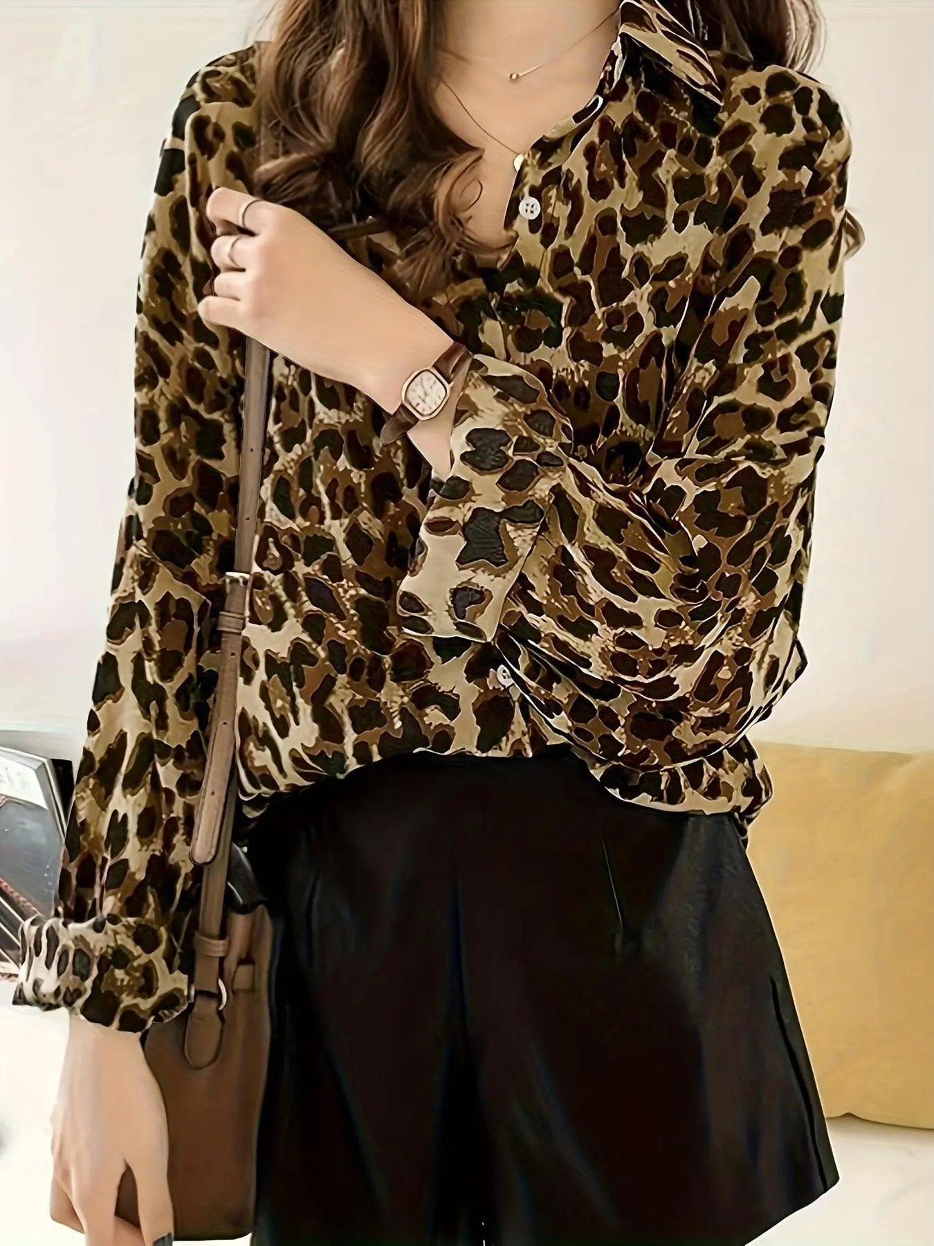 Plus Size Leopard Print Button Front Shirt, Casual Long Sleeve Collared Top for Daily Outdoor Wear, Women Plus Clothing...