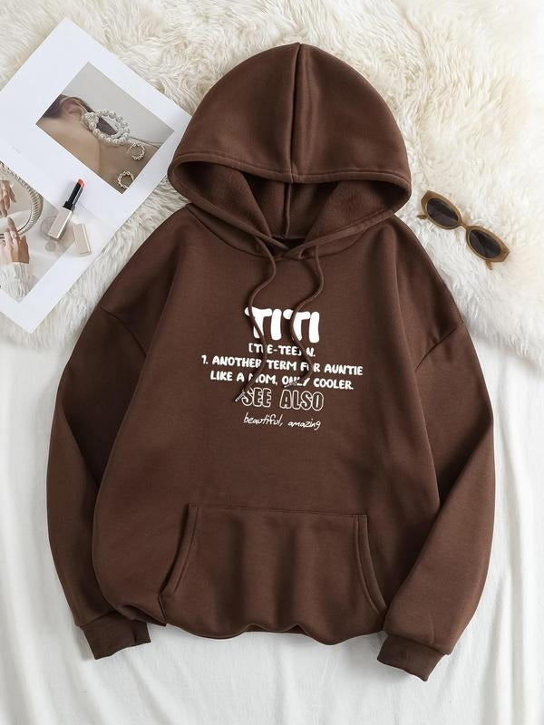 Plus Size Letter Print Drop Shoulder Drawstring Hoodie, Casual Kangaroo Pocket Long Sleeve Hooded Sweatshirt for Daily Holiday Outdoor Wear, Women Plus Clothing for Fall & Winter