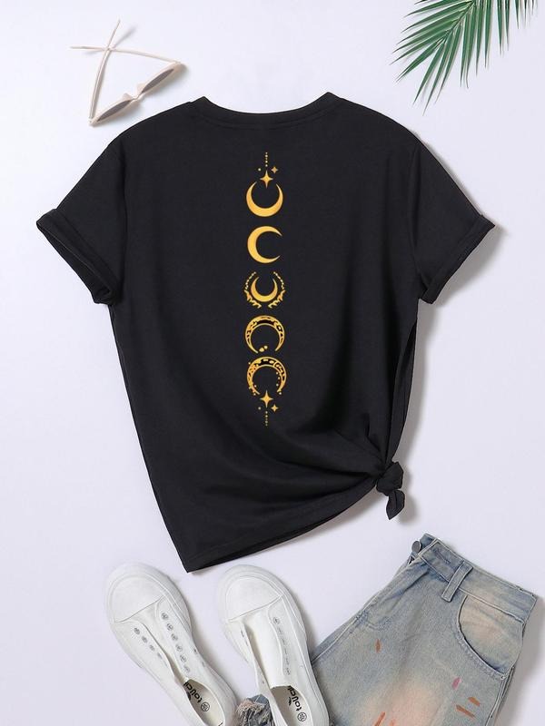 Plus Size Moon Print Round Neck Graphic Tee, Vintage Trendy Casual Short Sleeve T-shirt for Daily Wear, Ladies Plus...