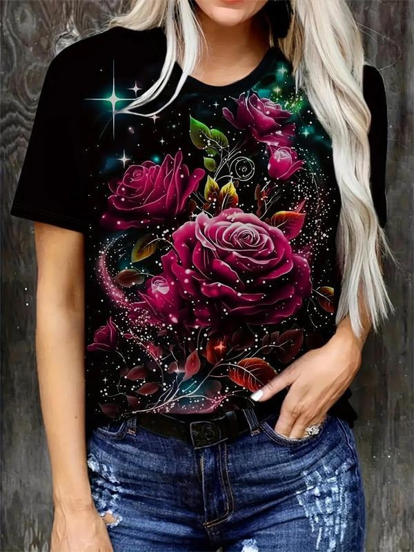 Plus Size Rose Print Round Neck Casual Short Sleeve Daily Outdoor Plus Summer T-Shirts, Hoodie, Sweatshirt