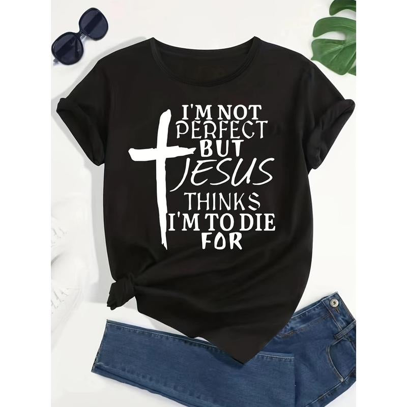 Plus Size Short Sleeve Cross & Letter Print T-Shirt, Casual Top for Spring & Summer Women's Clothing style 02 Hoodie...