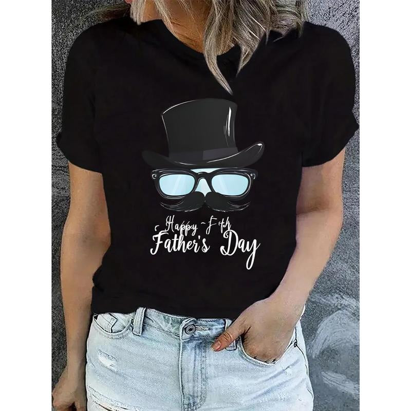 Plus Size Women'S Casual Crew Neck T-Shirt with "Happy Father'S Day" Letter Print, Geometric Pattern, Slight Stretch...