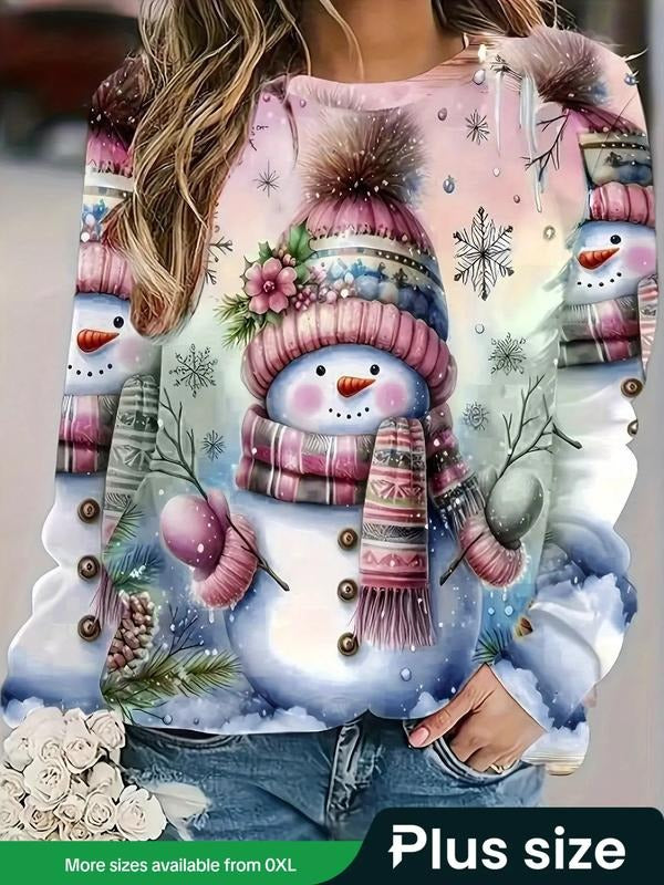 Plus Size Women's Christmas Print Round Neck Long Sleeve Sweatshirt, Casual Fall & Winter Fashion, Comfortable Ladies...