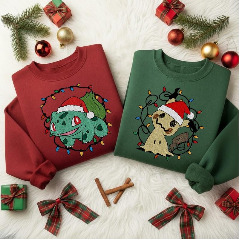 Poke Christmas 2025 Embroidered Sweatshirt, T-Shirt, New Hoodie Embroidery 2025, Anime Lover Characters Embroidered Shirt