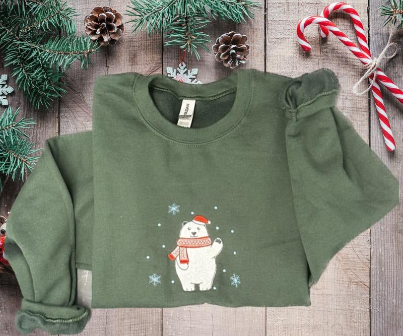 Polar Bear embroidered Crewneck Sweatshirt Fabric Winter T-Shirts, Hoodie | PrintMintTees.com