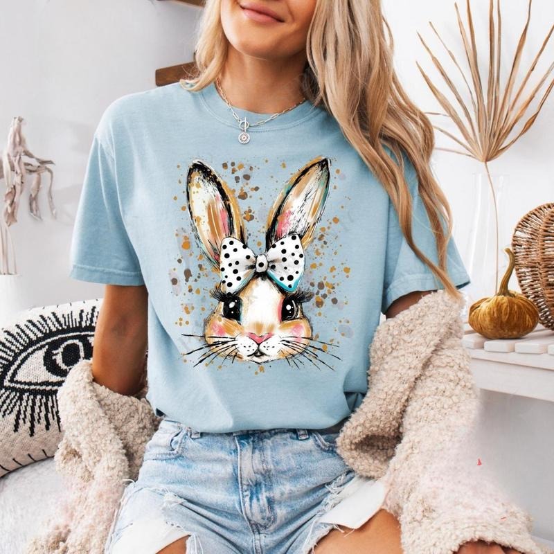 Polka Dot Bow Bunny Shirt, Easter Religious Women's Tee, Spring Bunny Casual Top, Coquette Bunny Tee, Gift for Her Hoodie...