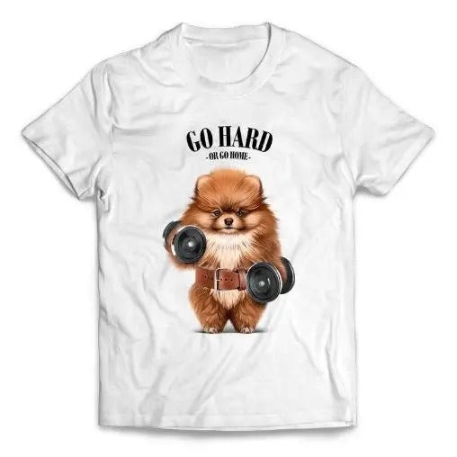 Pomeranian Dog Strength and Fitness Dumbbell Routine - Short-Sleeve Unisex T-Shirt Made in USA Hoodie Sweatshirt