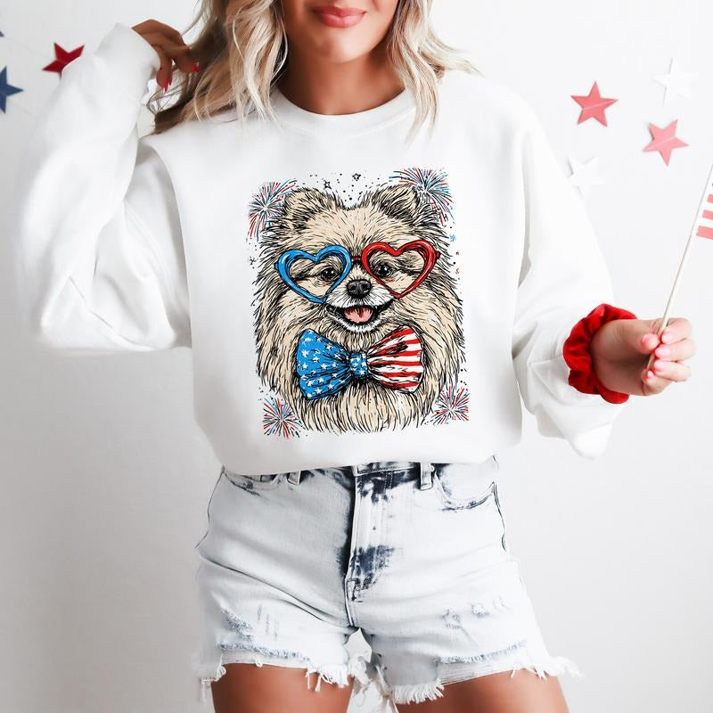 Pomeranian Patriotic Dog, USA, America, Pet Lover, 4th of July Sweatshirt, Crew Neck, Women's, Crewneck T-Shirts, Hoodie