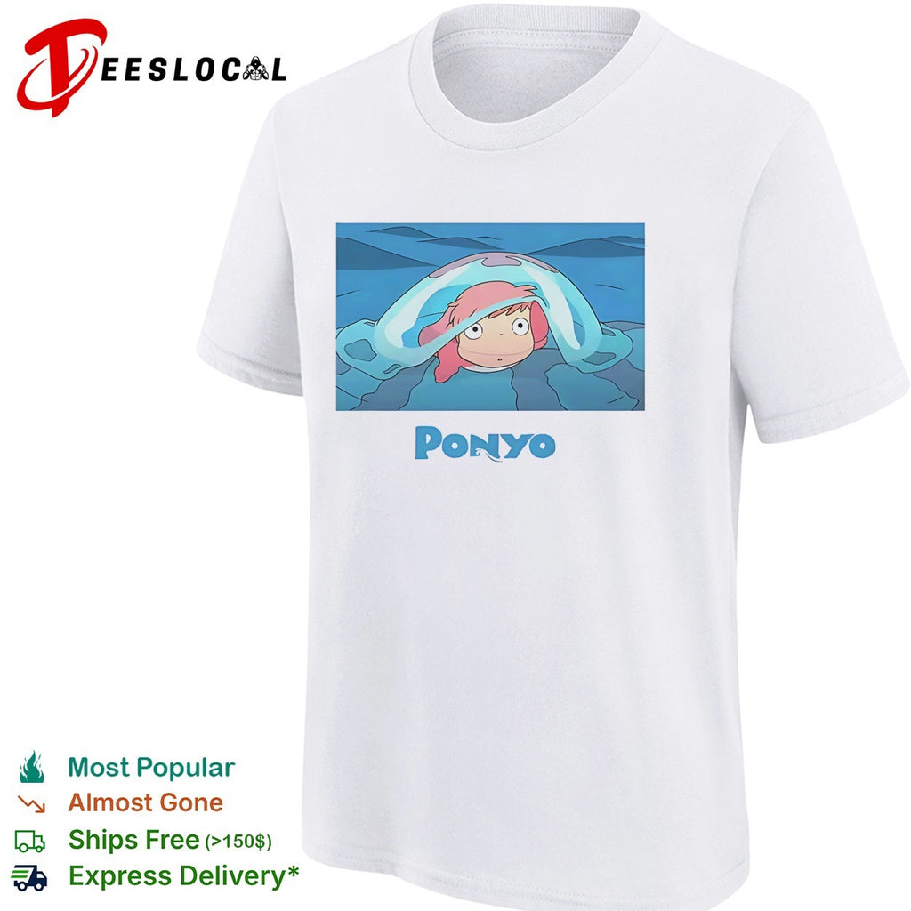 Ponyo peeking out of ocean wave bubble shirt