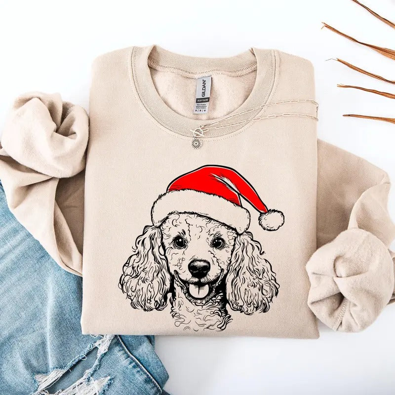 Poodle, Santa, Dog, Christmas, Dog Lover, Pet Sweatshirt, Crew Neck, Women's, Crewneck T-Shirts, Hoodie | PrintMintTees.com