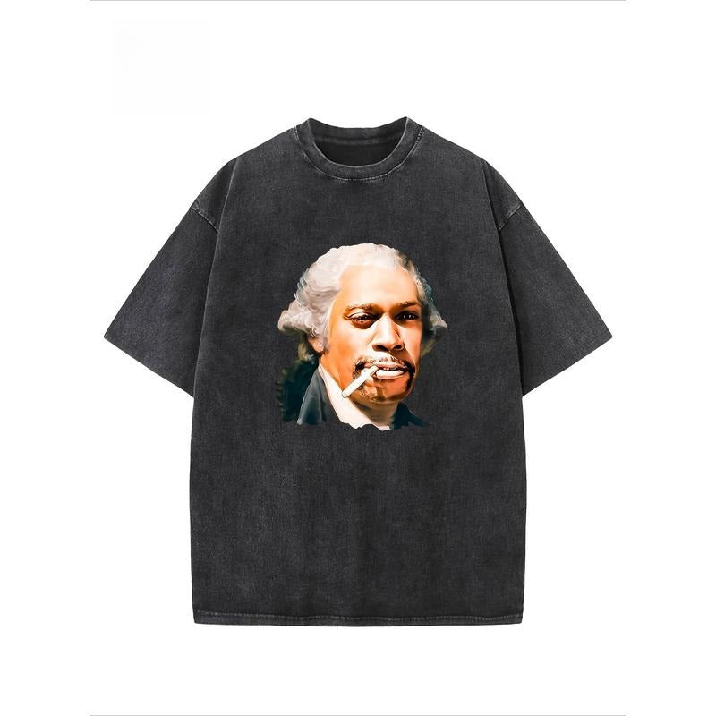 "Portrait" Creative Pattern Printing Heavy 230g Pure Cotton Oversized Drop Shoulder T-shirt Washed T-shirt Retro Street T-shirt Basic T-shirt Loose Hip-hop Unisex Top Acid Wash T-shirt