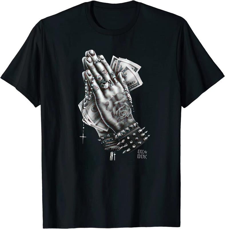 Pray Hand Printed Cotton Graphics Faith T-Shirt Black Crew Neck Casual Short Sleeve Earthy Black Women Outfits Hoodie...