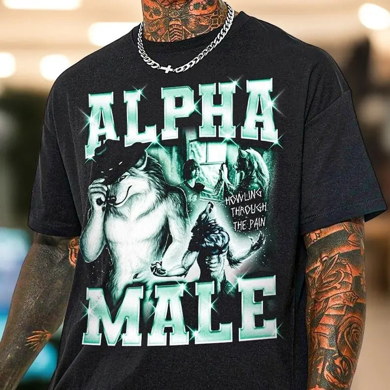 Premium  Alpha Male Ironic Shirt With Wolf Graphic, Ironic Alpha Male Unicorn Rainbow, Funny Unisex T-Shirt, Funny...