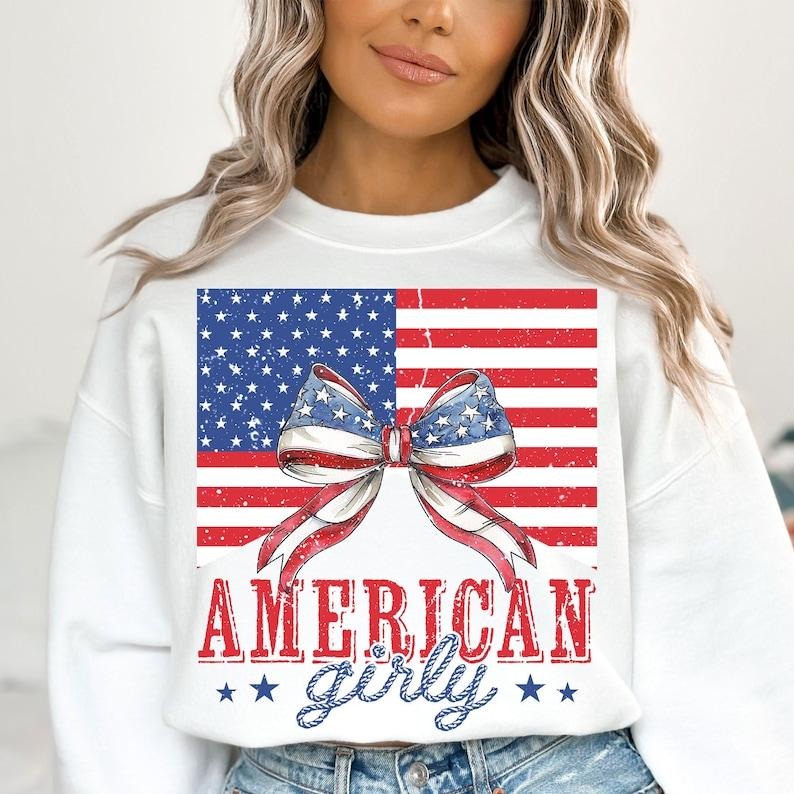 Premium  American Girly , Coquette 4th Of July , 4th Of July , American Flag Sweatshirt Shirt Hoodie | PrintMintTees.com