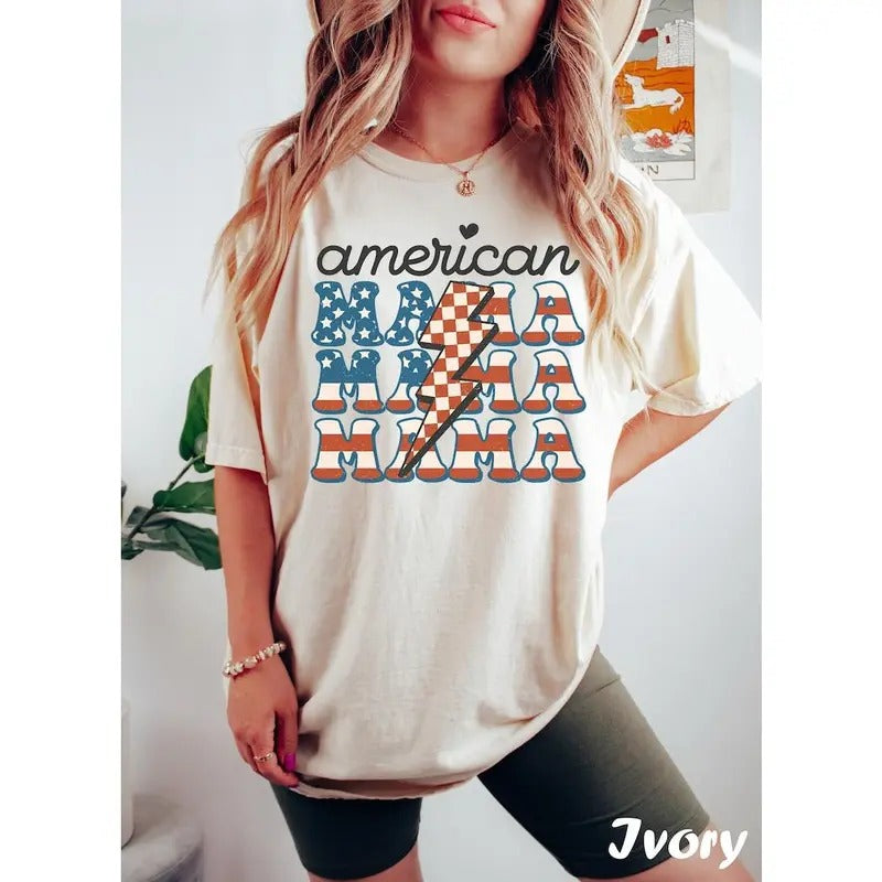 Premium  American Mama Shirt, 4th of July Shirt For Mom,  Tee, Patriotic Mom, Mama To Be, Retro Tee For Women, American...