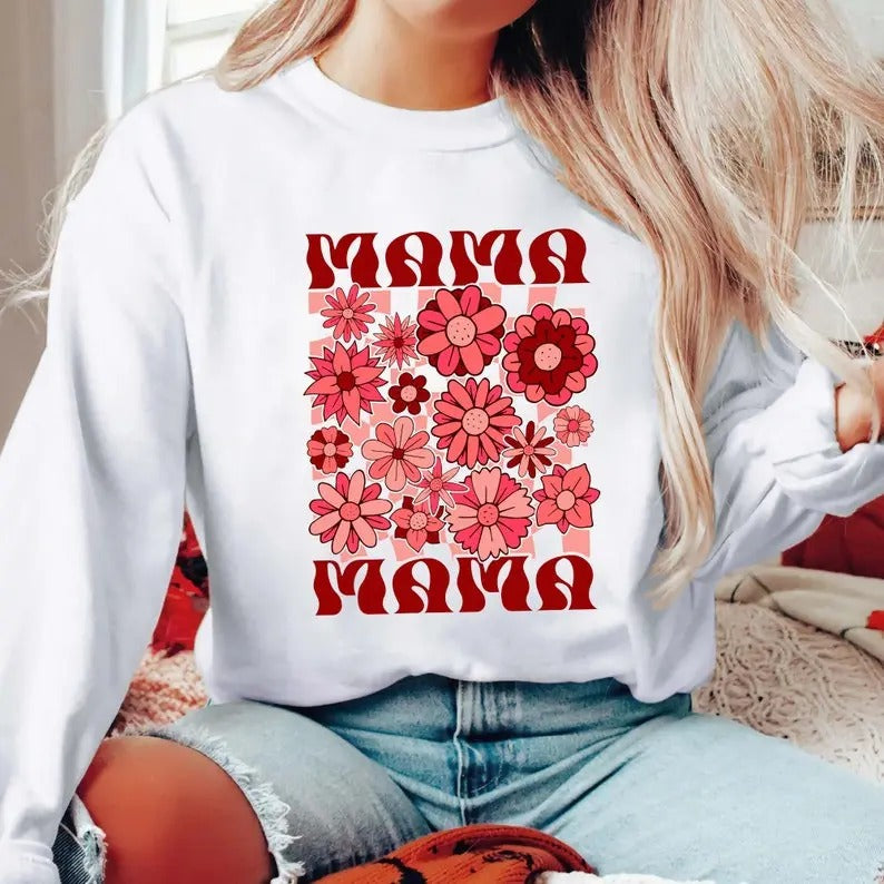 Premium  Checkered Mama Sweatshirt, Floral Mama Shirt, Wildflowers Mama Shirt, Mothers Day Gift, Aesthetic, Trendy Mom...