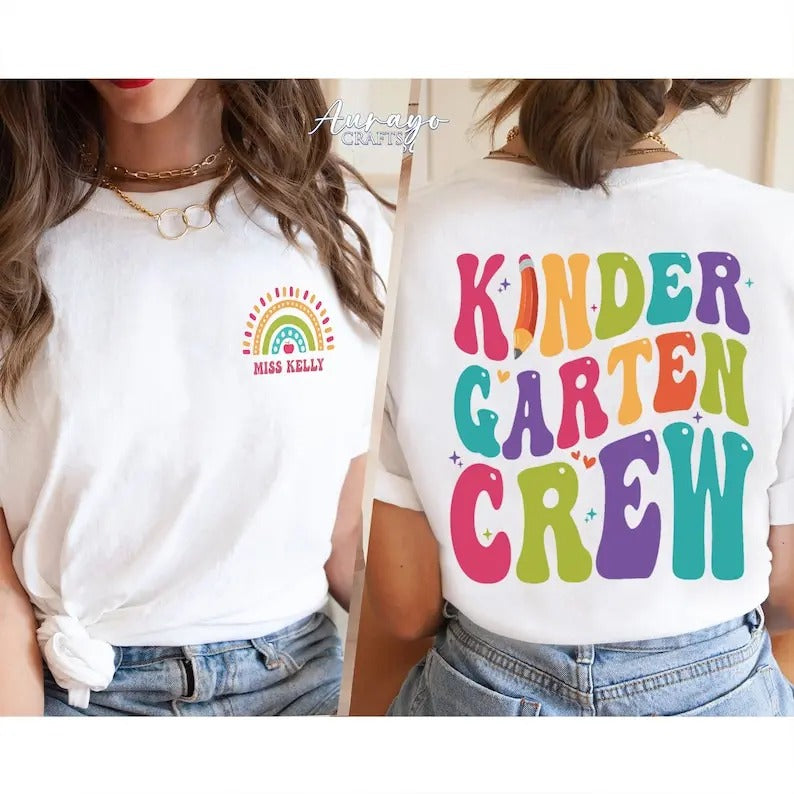 Premium  Kindergarten Crew Sweatshirt, Custom Kindergarten Teacher Name Shirt, Preschool Teacher Gift, Kinder Crew Shirt,...
