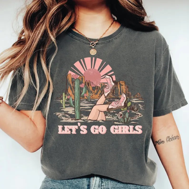 Premium  Lets Go Girls Retro Shirt, Bachelorette Party Tshirt, Western Bridal Party Tee, Nashville Girls Trip Oversized...