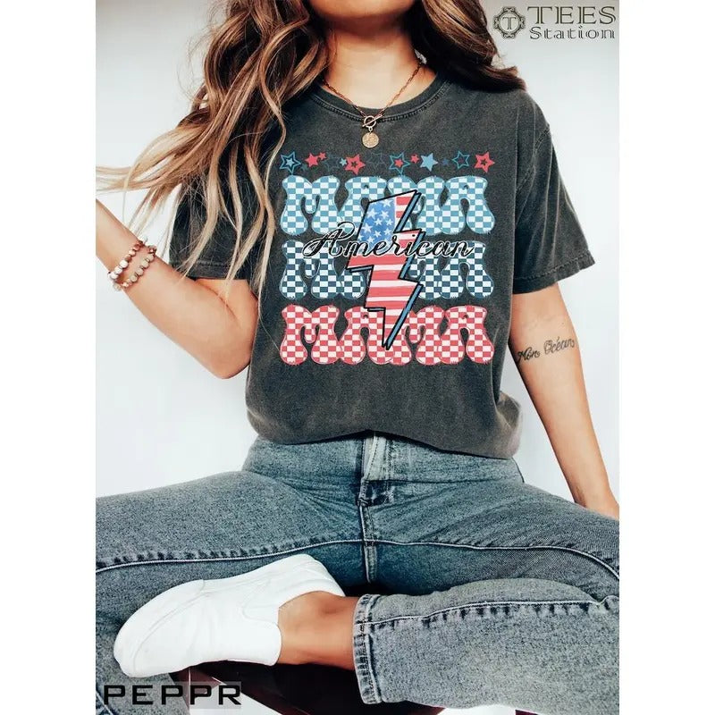 Premium  USA Flag American Mama 4th of July Shirt, Patriotic Mom Shirt, Mama Fourth of July Shirt, Shirts For Mom, 4th of...
