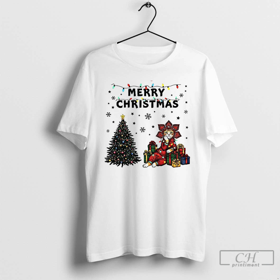 Premium Cute Cat With Gifts Christmas Tree Lights Democrat Merry Christmas T-Shirts, Hoodie, Sweatshirt | PrintMintTees.com