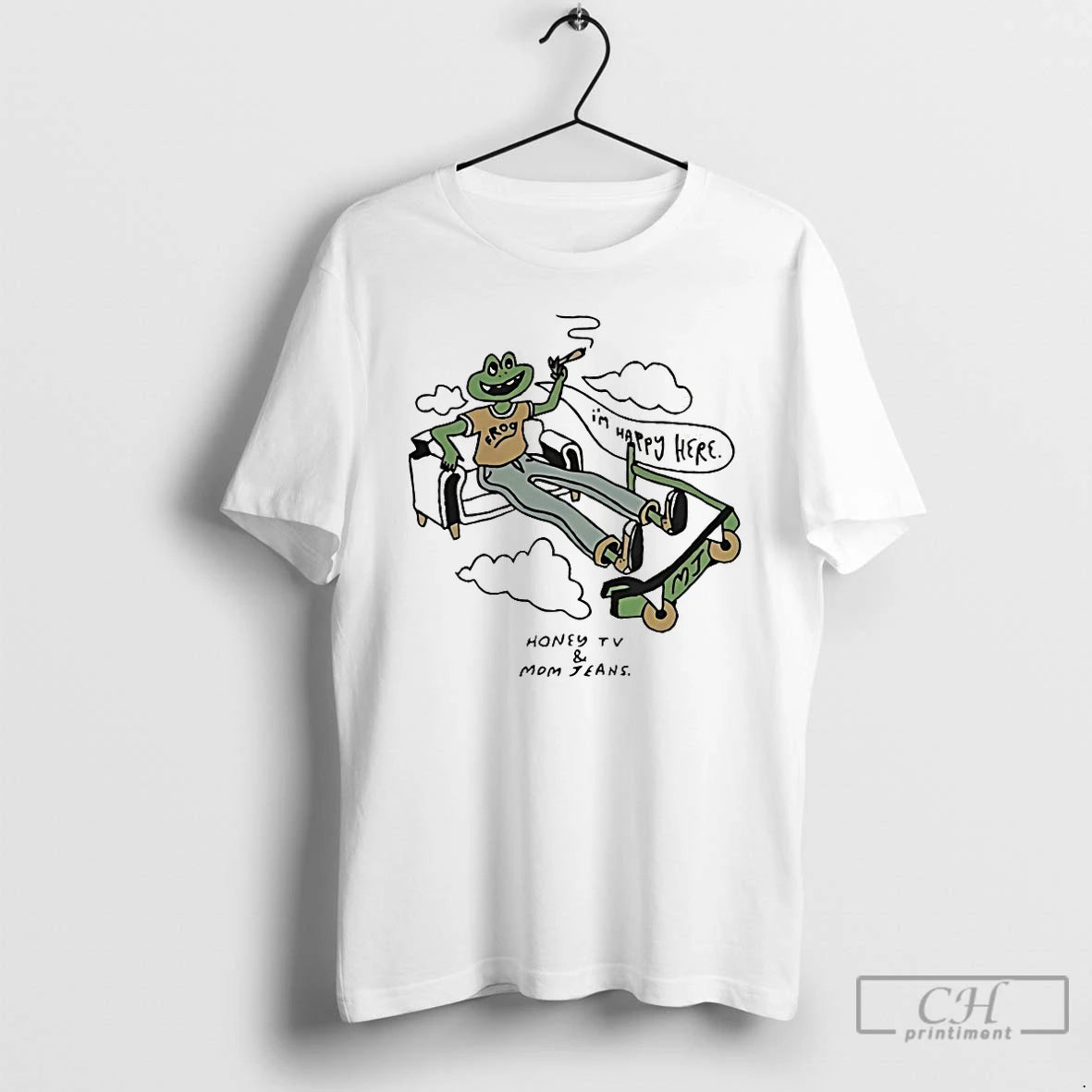 Premium Im Happy Here Frog Smoking Painting T-Shirts, Hoodie, Sweatshirt | PrintMintTees.com