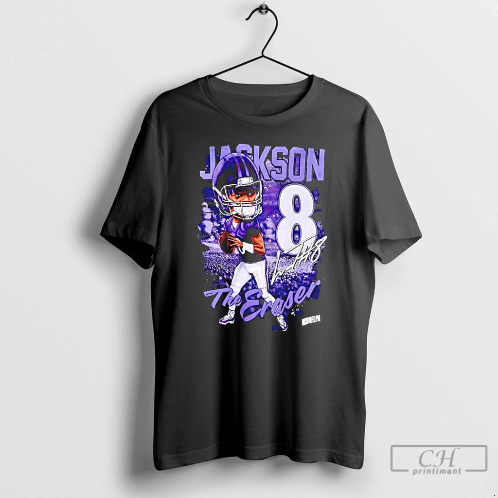Premium Lamar Jackson The Eraser Number 8 Signature Caricature T-Shirts, Hoodie, Sweatshirt | PrintMintTees.com