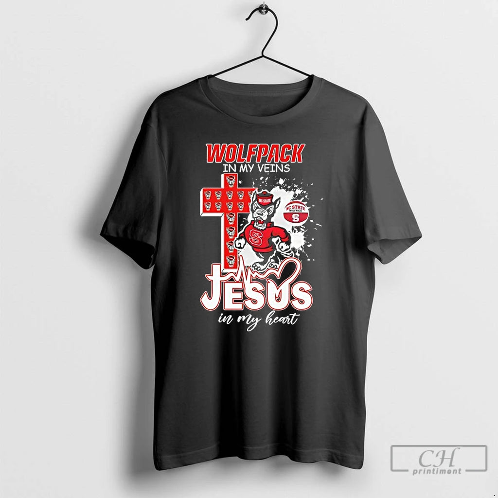 Premium Nc State Wolfpack In My Veins Jesus In My Heart Mascot And Cross T-Shirts, Hoodie, Sweatshirt | PrintMintTees.com