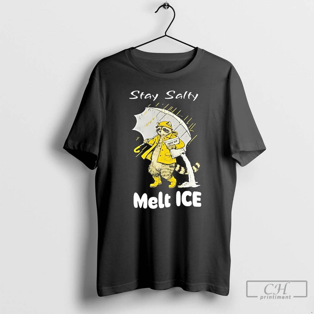 Premium Raccoon In A Yellow Raincoat Stay Salty Melt Ice Anti Ice T Shirts Sweater Hoodie, Sweatshirt | PrintMintTees.com