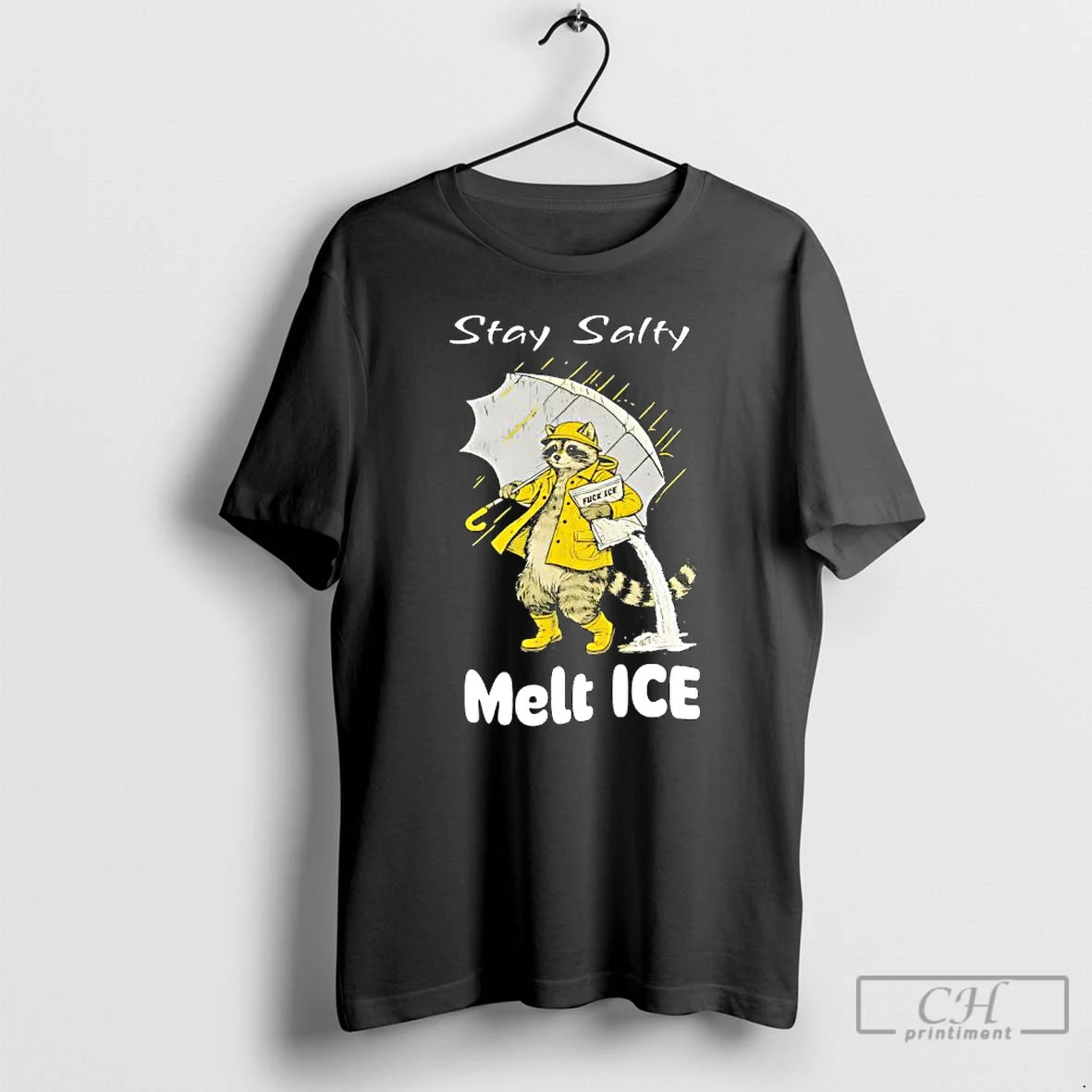 Premium Raccoon In A Yellow Raincoat Stay Salty Melt Ice Anti Ice T Shirts Sweater Hoodie, Sweatshirt | PrintMintTees.com