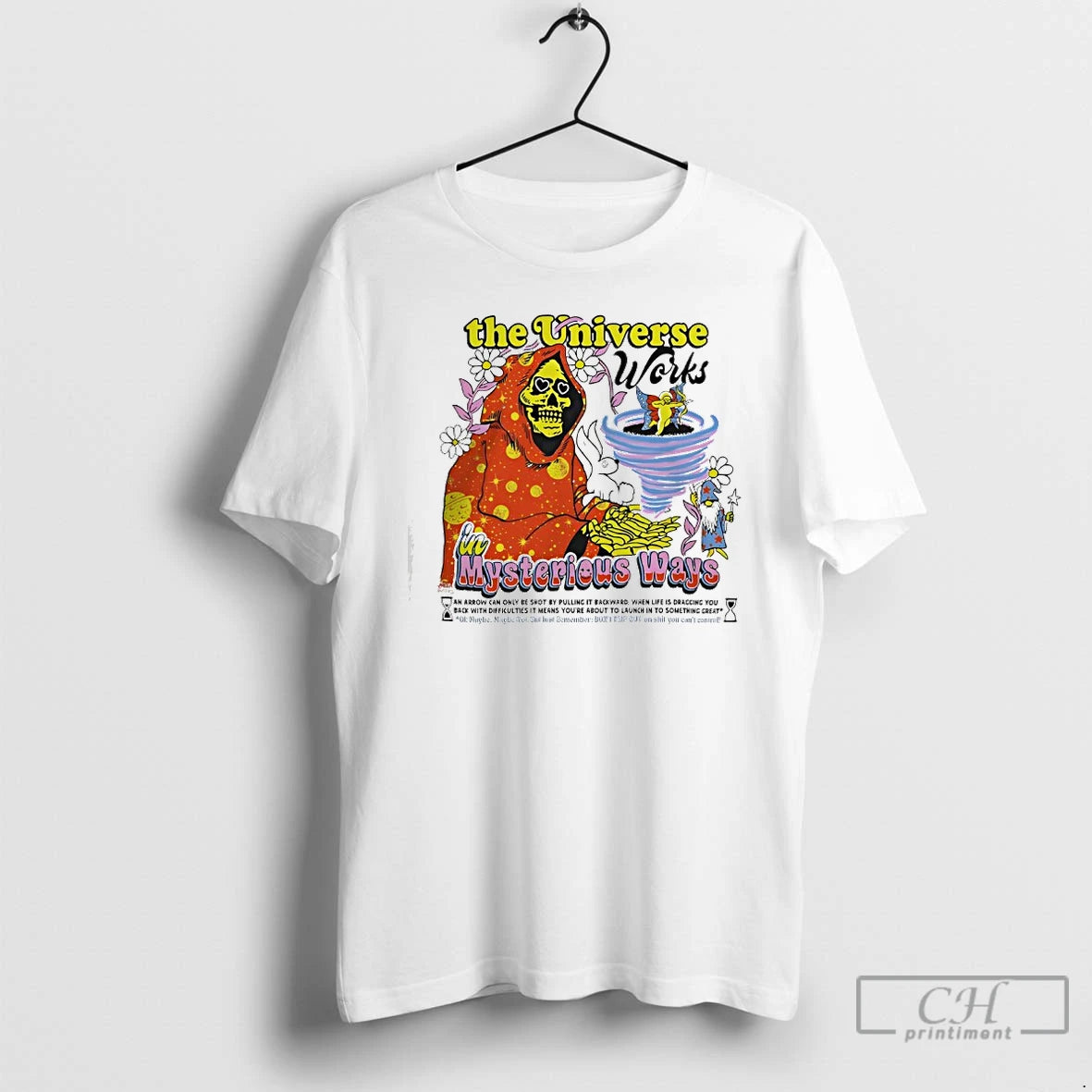 Premium Skeleton The Universe Works In Mysterious Ways Off White T-Shirts, Hoodie, Sweatshirt | PrintMintTees.com