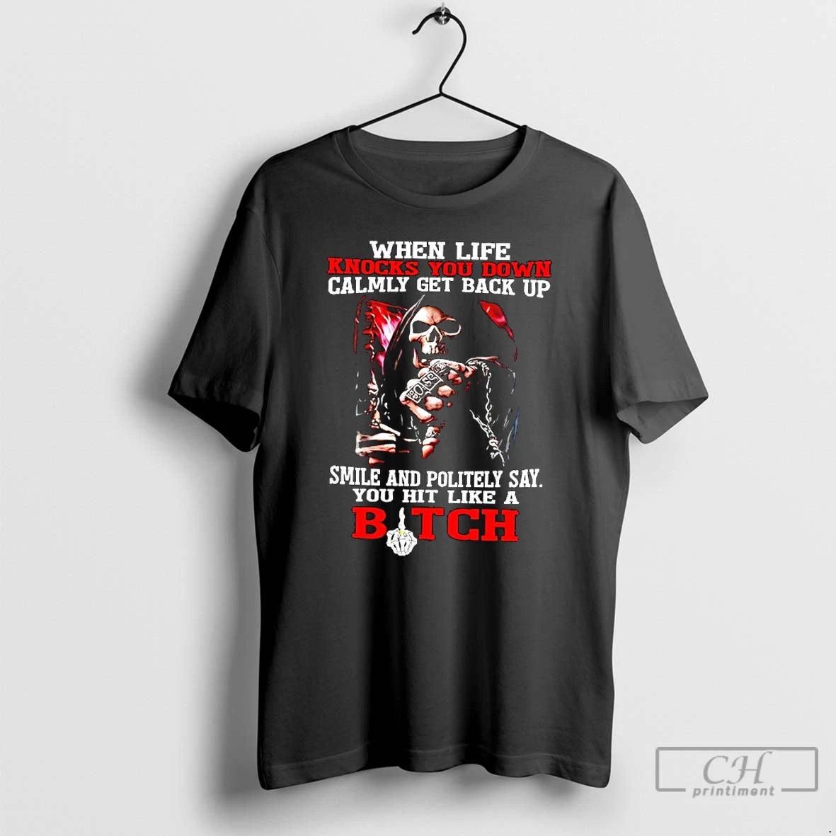 Premium Skeleton When Life Knocks You Down Calmly Get Back Up Smile And Politely Say T-Shirts, Hoodie, Sweatshirt