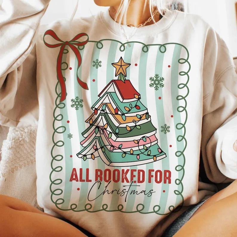 Preppy All Booked for Christmas Sweatshirt and T-Shirt, Coquette Holiday Books Apparel, Book Lovers Xmas Top, Cute...