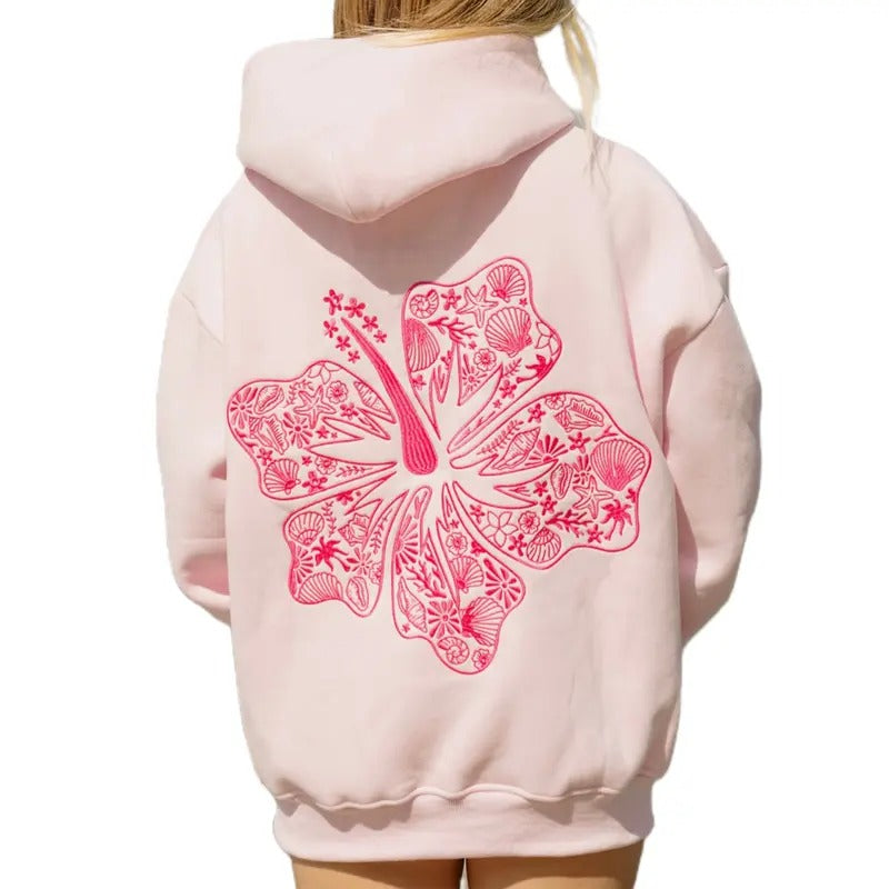 Preppy Embroidery Hibiscus Hoodies for Teen Girls Y2K Women Long Sleeve Oversized Graphic Pullover Sweatshirt Top Shirt