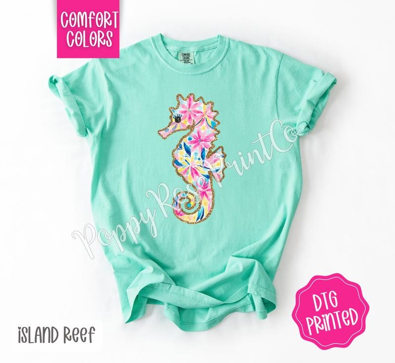 Preppy Floral Seahorse Comfort Colors Shirt, Cute Summer Tshirt, Trendy Women's Tee, Gift for Her Hoodie Sweatshirt