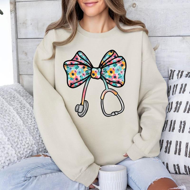 Preppy Floral Stethoscope Nurse Bow Sweatshirt, Nurse Bow Shirt, CNA RN Nurse, Registered Nurse Shirt, School Nurse,...