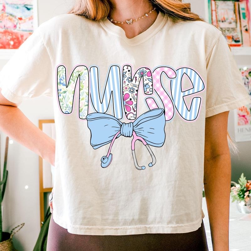 Preppy Nurse Floral Coquette Shirt, Nurse Blue Floral, Stethoscope Bow Shirt, Preppy Nurse Graphic Tee, Checkered Nurse...