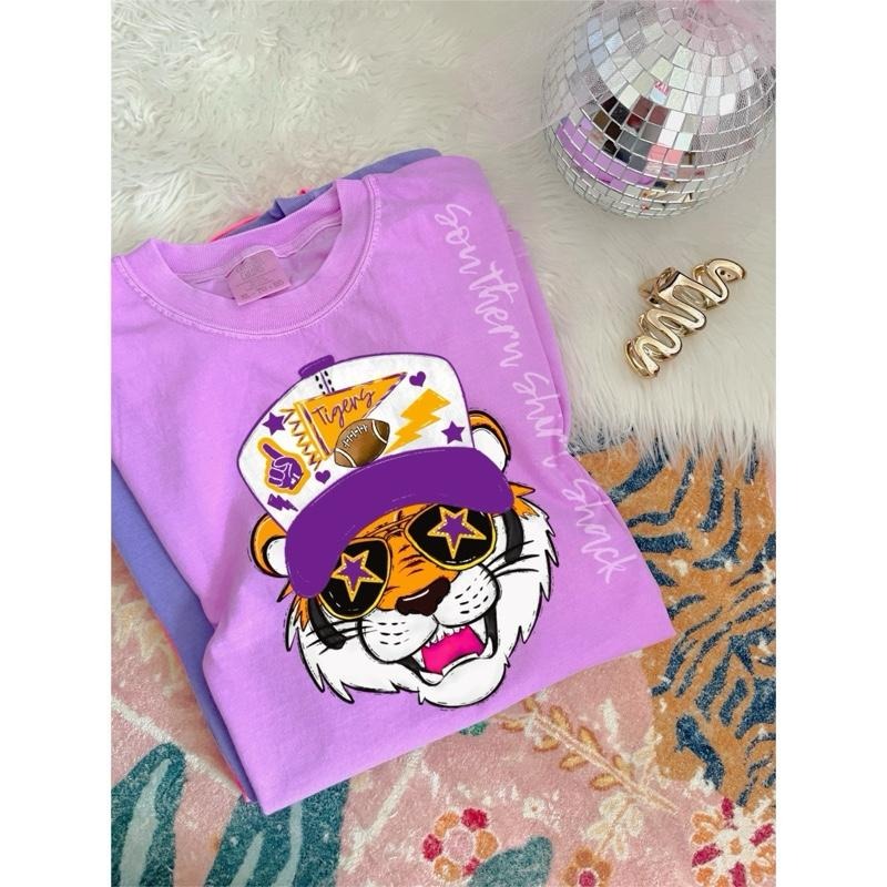 Preppy Purple and Gold Tiger Mascot Graphic Tee  | Neon Violet comfort colors t shirt | tigers purple t shirt Hoodie...