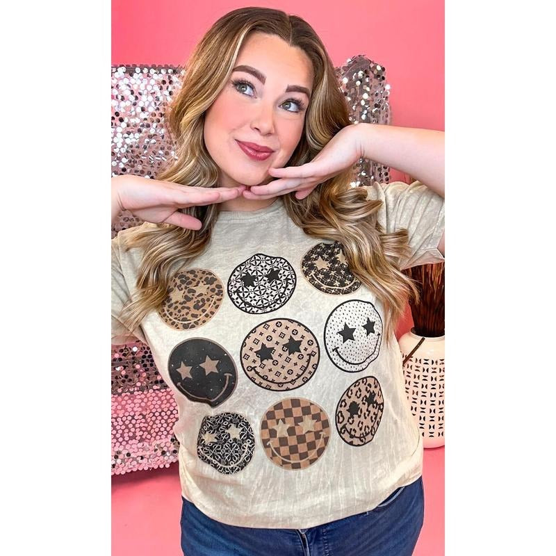 Preppy Smiley Mineral Washed Taupe Graphic Shirt Hoodie Sweatshirt | PrintMintTees.com