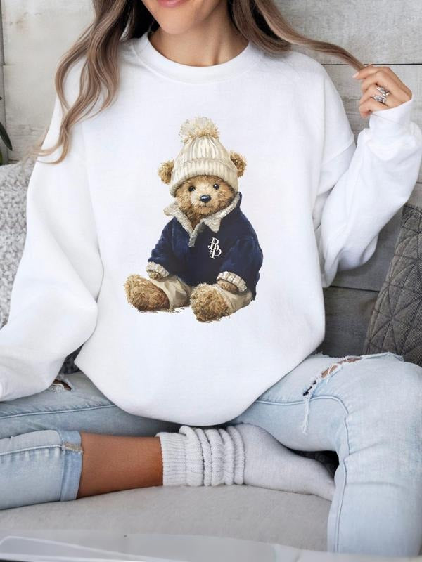"Preppy Teddy Bear" Oversize Crewneck Varsity Sweatshirt, White Sweatshirt with Classic Bear Art, Perfect for Preppy...