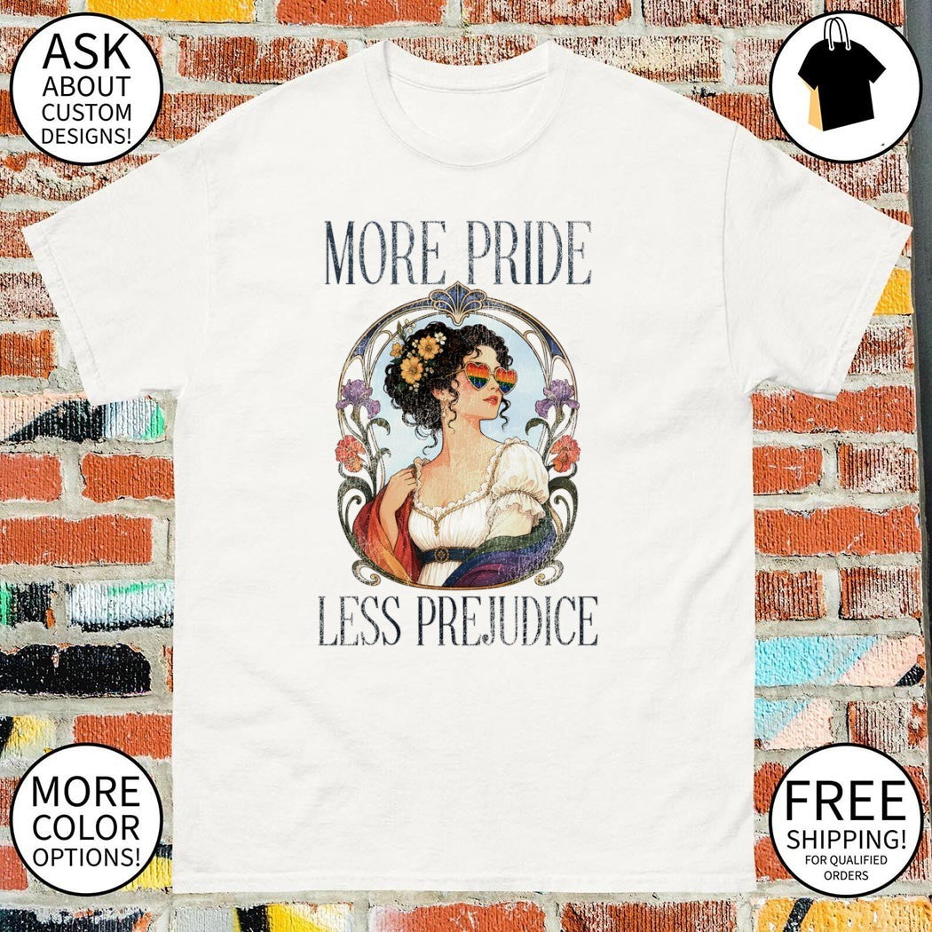 Prideful woman floral rainbow heart sunglasses More Pride Less Prejudice LGBT shirt