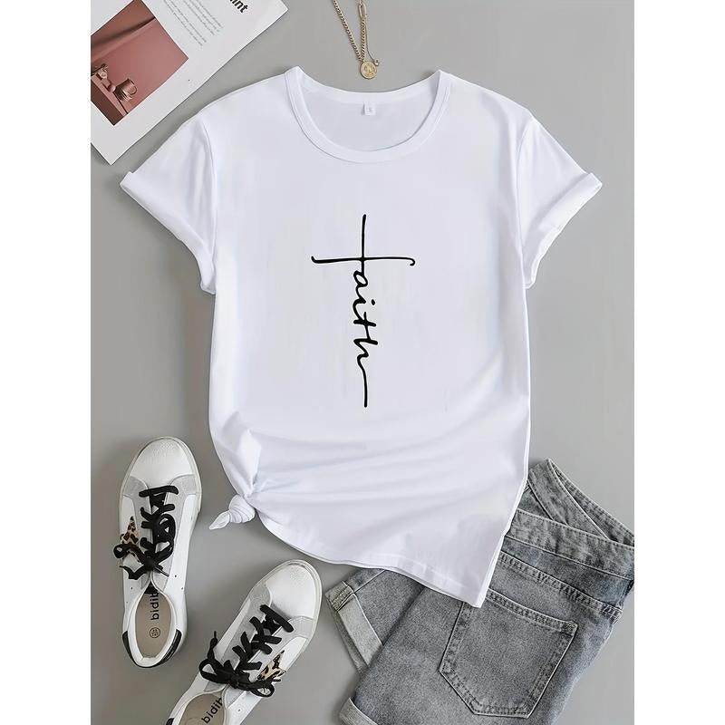 Print Crew Neck T-shirt, Casual Short Sleeve Top For Spring & Summer, Women's Clothing style 02 Hoodie Sweatshirt