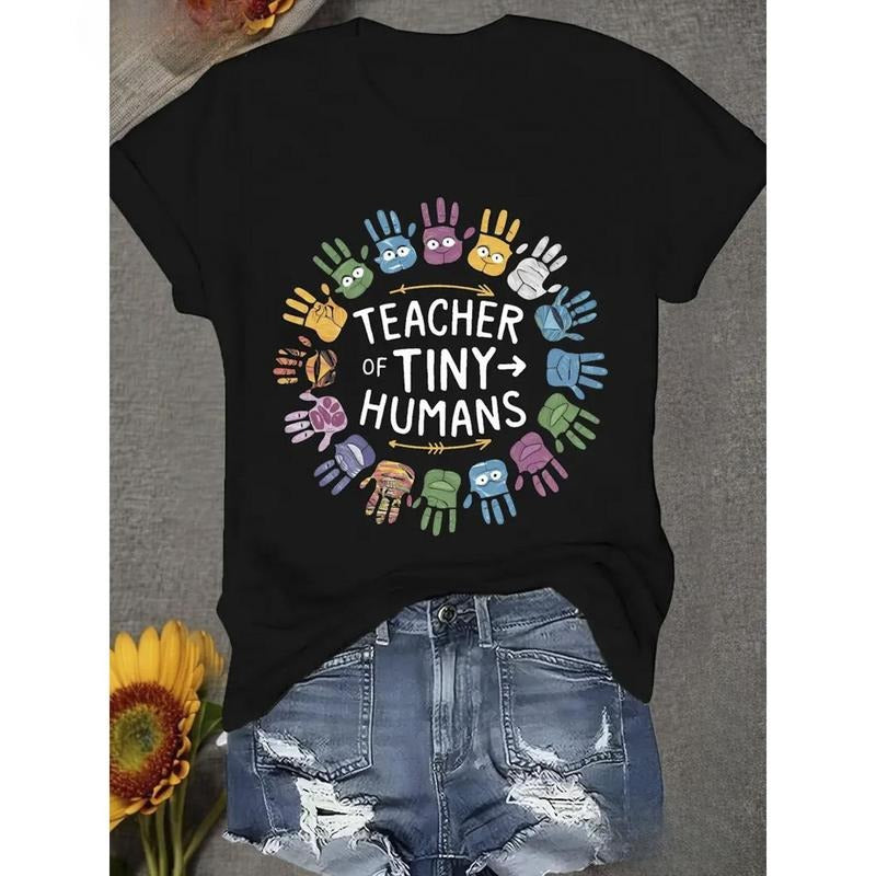 Printed T-Shirt with Little Human Teacher Pattern, Spring And Summer Round Neck Short Sleeved Women'S T-Shirt,...