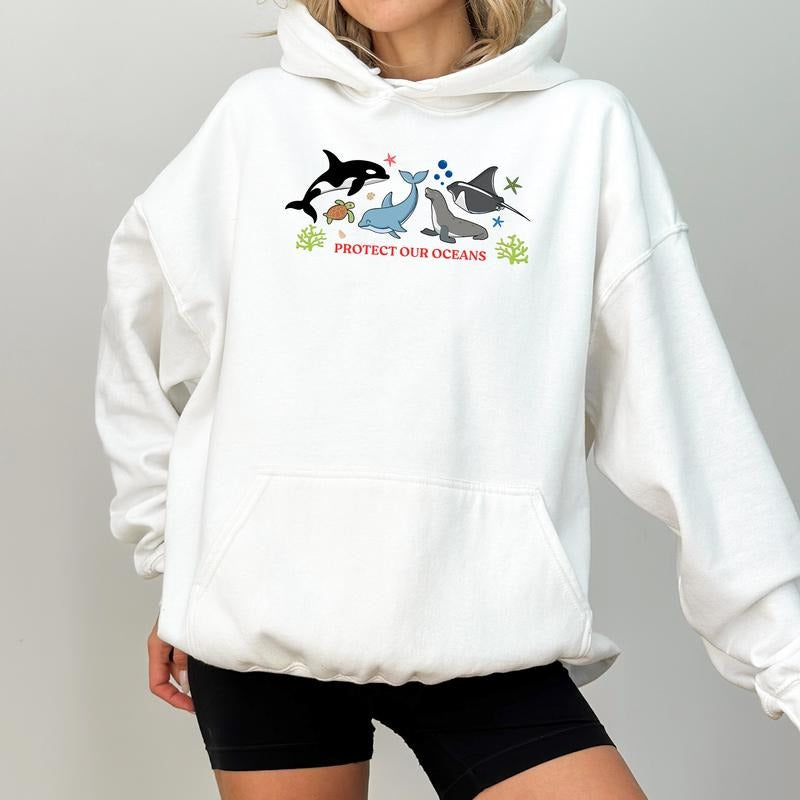 Protect Our Oceans Hoodie, Respect The Local Wildlife Pullover, Sea Animals Sweatshirt, Ocean Conservation Tops,...