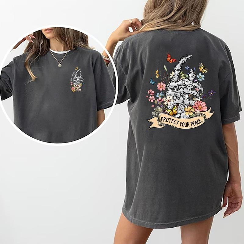 Protect Your Peace Shirt, Floral Peace Sign Graphic Printed Shirt, Positive Women Tee, Mental Health Short Sleeve...