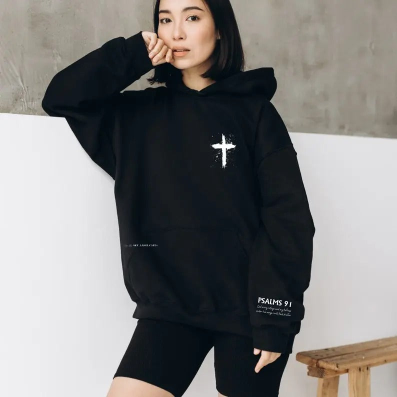Psalms 91 Sleeve with Cross Hoodie, Church Bible Study Matching Tops, Christian Sweatshirt Aesthetic Hoodie Trendy ...