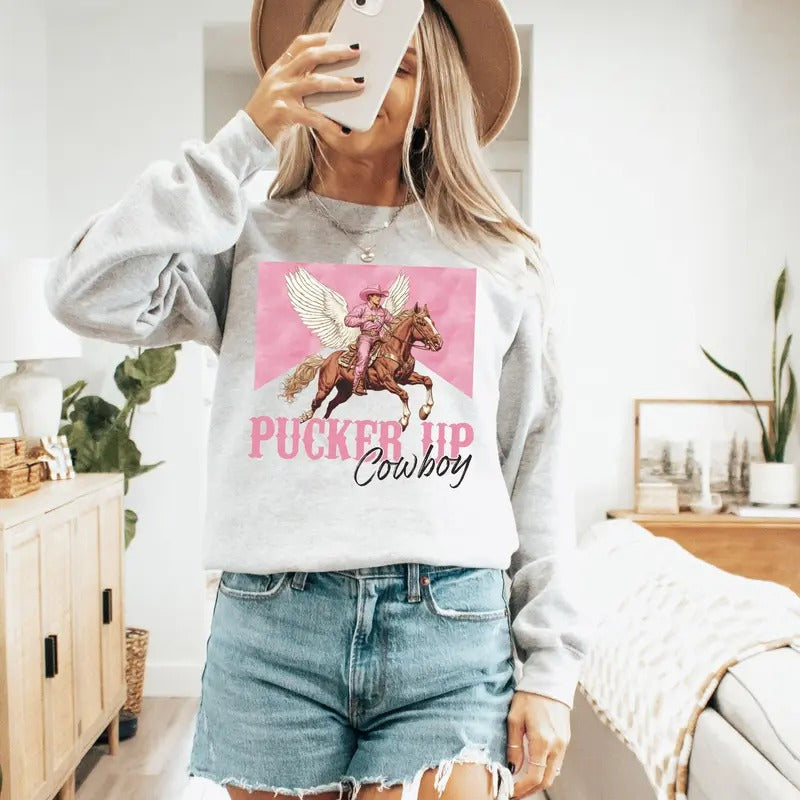 Pucker Up Cowboy, Western, Country, Valentine's Day, Love Sweatshirt, Crew Neck, Women's, Crewneck, Valentine's Day,...