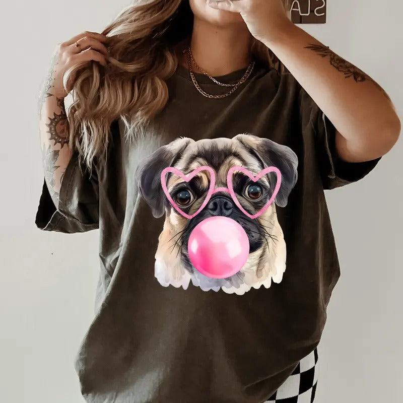 Pug Blowing Bubble Gum Shirt ~ Unisex Apparel Relaxed Fit Printed In The USA Clothing Womenswear Casual Comfort Cotton...