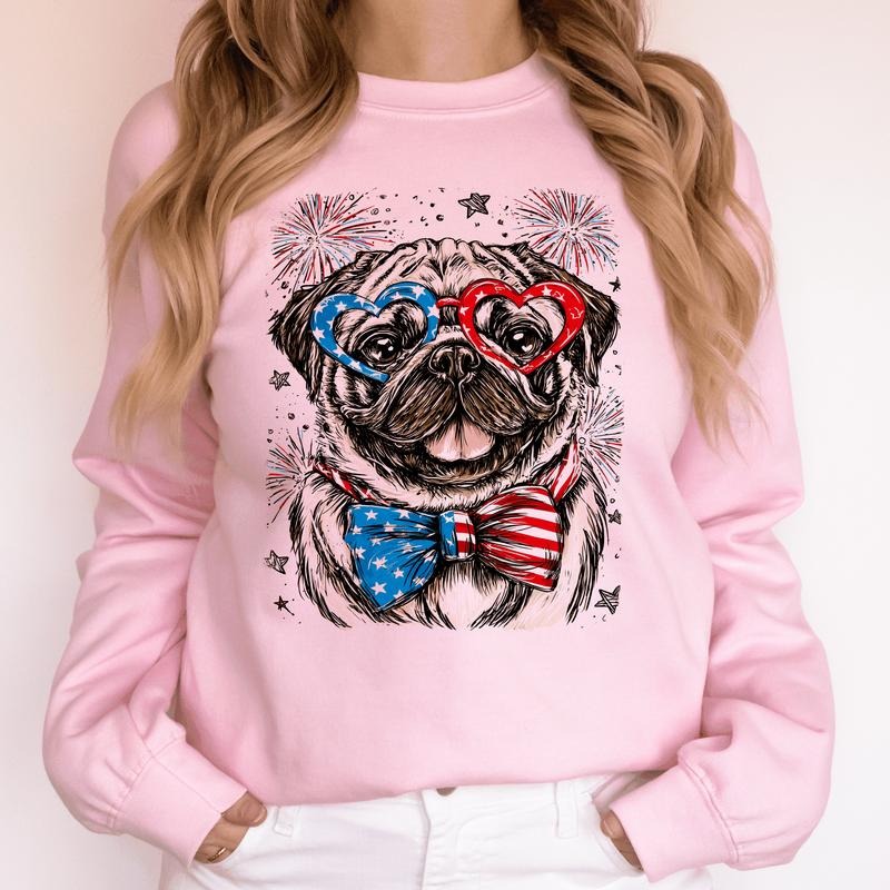 Pug Patriotic Dog, USA, America, Pet Lover, 4th of July Sweatshirt, Crew Neck, Women's, Crewneck Shirt Hoodie