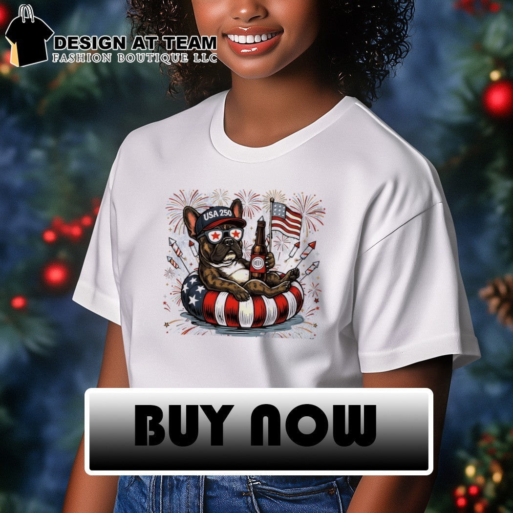 Pug dog holding beer USA 250 firework American flag 4th of July shirt